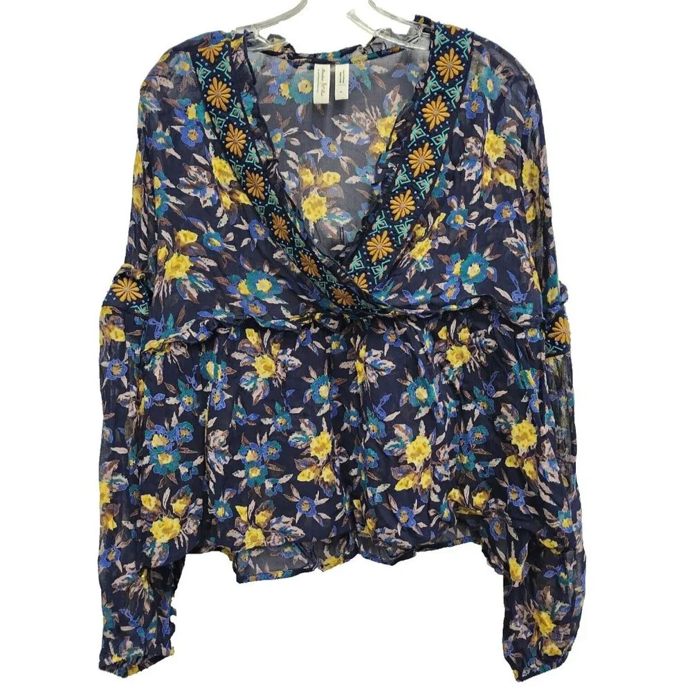 Meadow Rue by Anthropologie‎ Womens Peasant Top Medium Blue Floral Embroidered